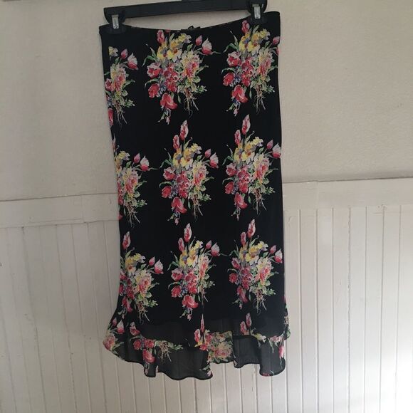 Vintage 90s Y2K Black Floral Low Rise MIDI Skirt Size 10 - Picture 2 of 7